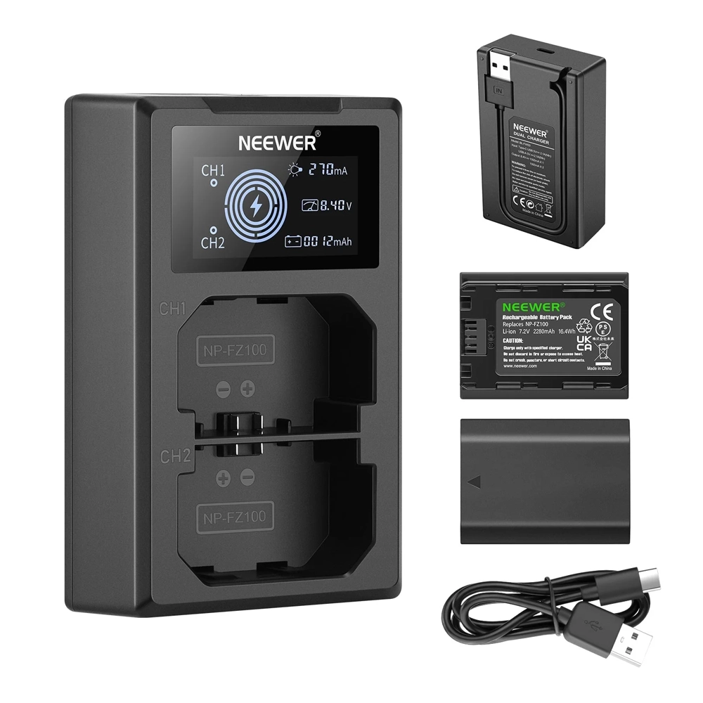NEEWER NP-FZ100 SONY 2 REPLACEMENT BATTERY 7.2v 2280mAh with Type C CHARGER SET(10103232) 9956