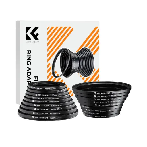[K&F] KF SKU0629 18 Pieces Filter Ring Adapter Set, Camera Lens Filter Metal Stepping Rings Kit (Includes 9pcs Step Up Ring Set + 9pcs Step Down Ring Set)